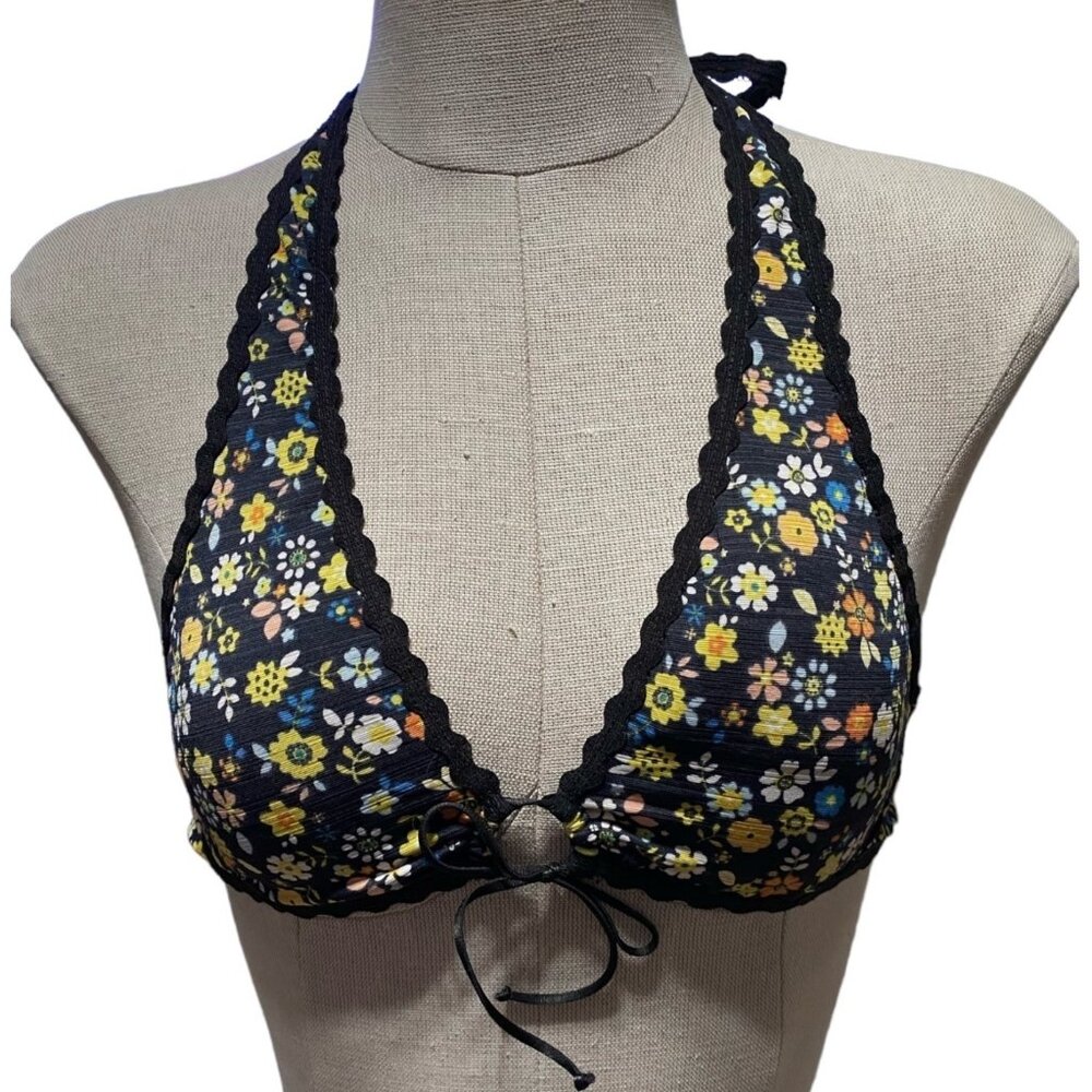 Robin Piccone Swimwear Top XS Bandeau Floral Black Bric-A-Brac Halter Tie